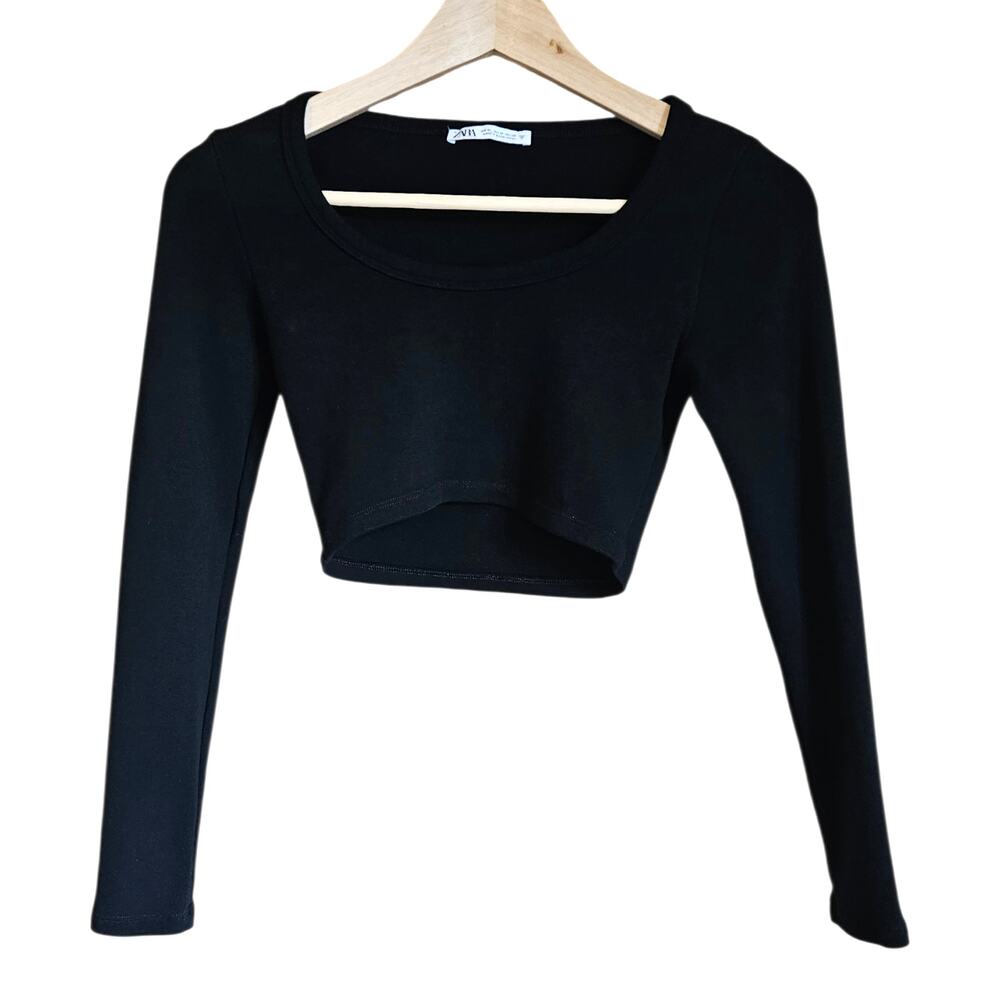 Zara Women’s Long Sleeve Crop Top Scoop Neck Curved Hem Black Size Medium